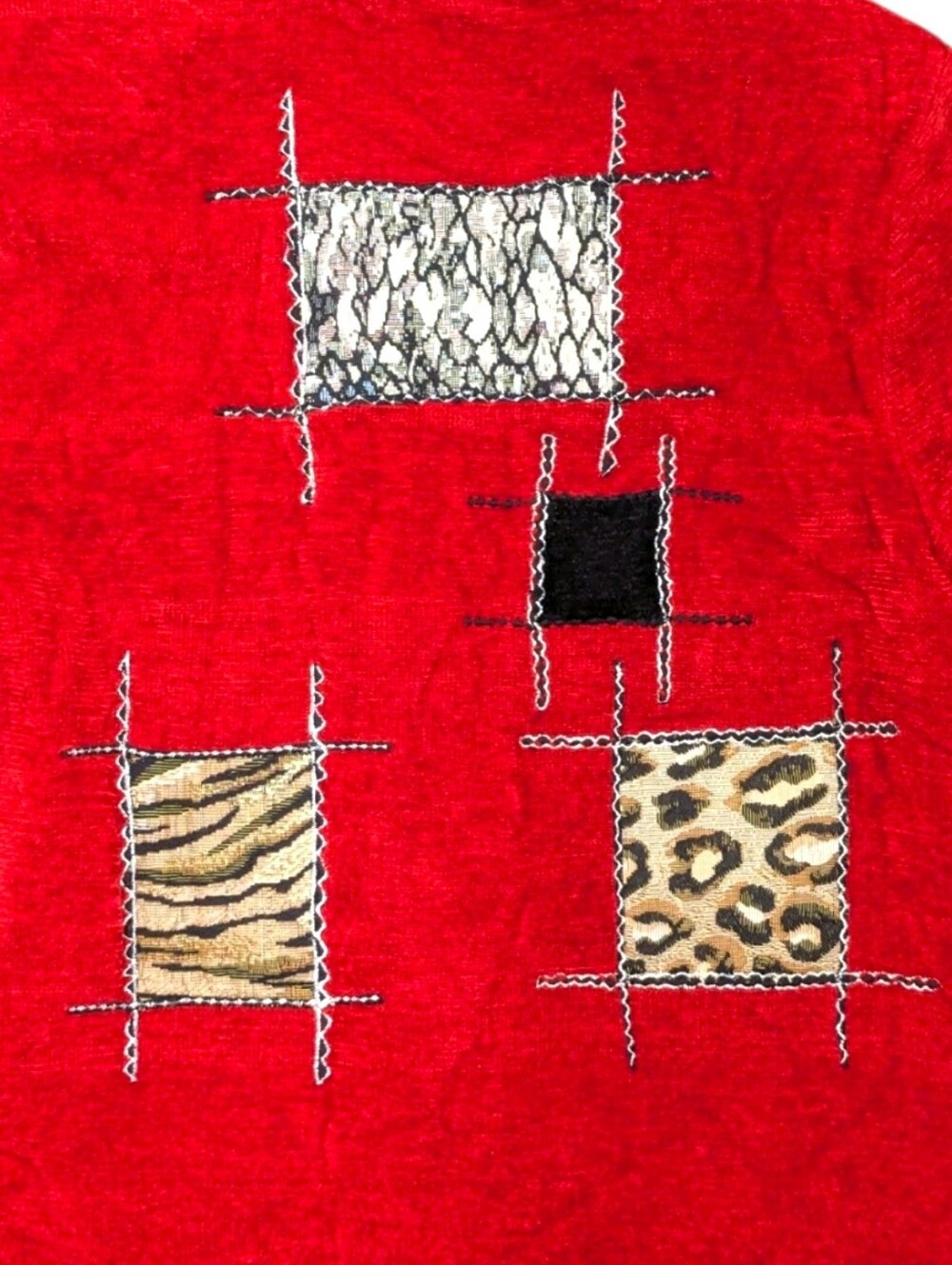 ALEX KIM ALLURE Vintage Red Art To Wear Animal Patchwork Button Loop Jacket LG - Picture 3 of 13
